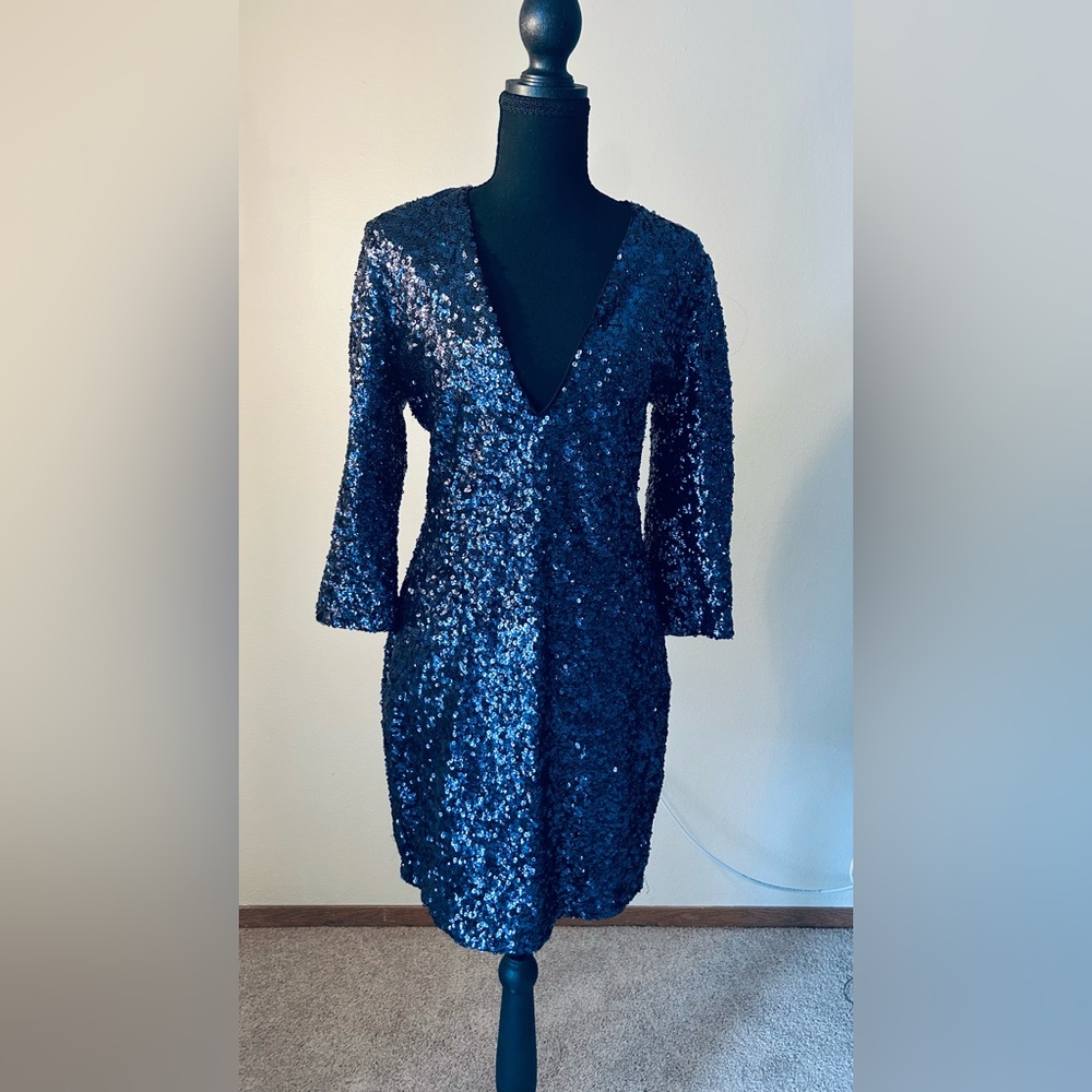 Express Navy Sequin Long Sleeve Dress